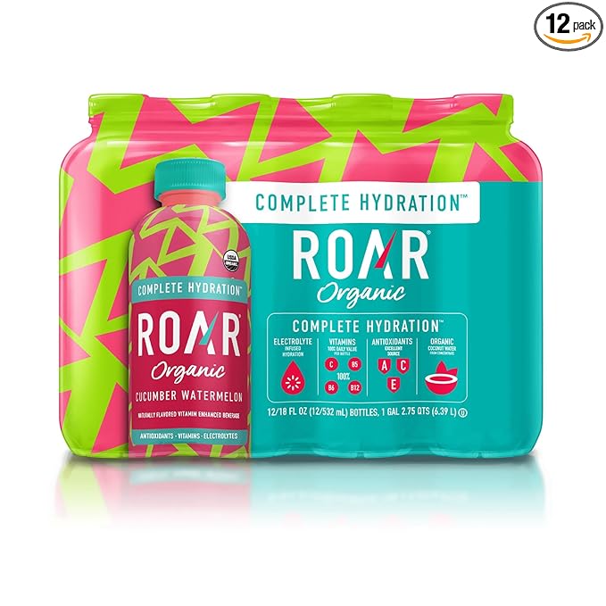 Roar Organic Electrolyte Infusions - USDA Organic - Cucumber Watermelon - with Antioxidants B Vitamins Low-Calorie Low-Sugar Low-Carb Coconut Water Infused Beverage 18 Fl Oz (Pack of 12)