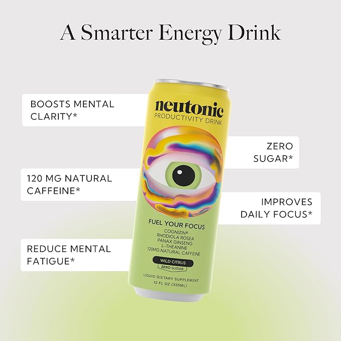 neutonic Nootropic Productivity Energy Drink &amp Focus Blend Powder Bundle | 12 Cans Wild Citrus &amp 16 Sticks Wild Berry | Zero Sugar | Support Memory Mental Clarity Cognitive Function