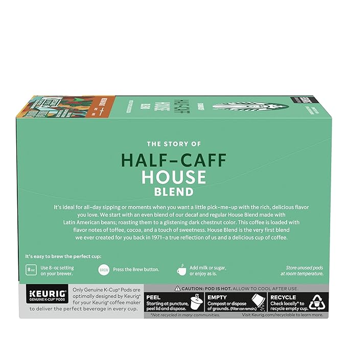 Starbucks K-Cup Coffee Pods Medium Roast Hot or Iced Coffee Half-Caff House Blend 60 Keurig Pods