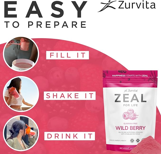 Zurvita - Zeal for Life 30-Day Wellness Bag - Wild Berry (Guarana Free) - Nutritional Supplement for Vitality Immunity and Wellness - 420 Grams