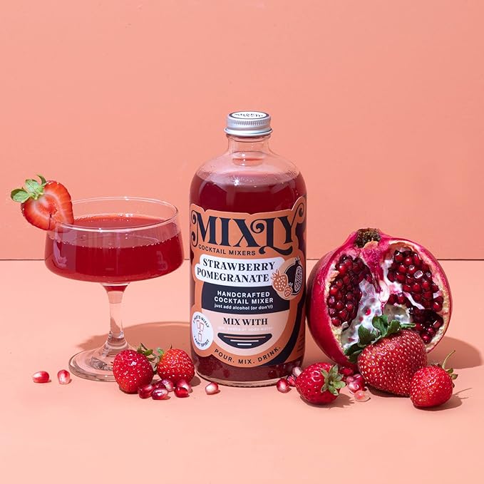 Mixly Strawberry Pomegranate Mixer Made with Fresh Squeezed Juice Ready to Drink Use with Vodka Tequilla Soda Water 16 oz.