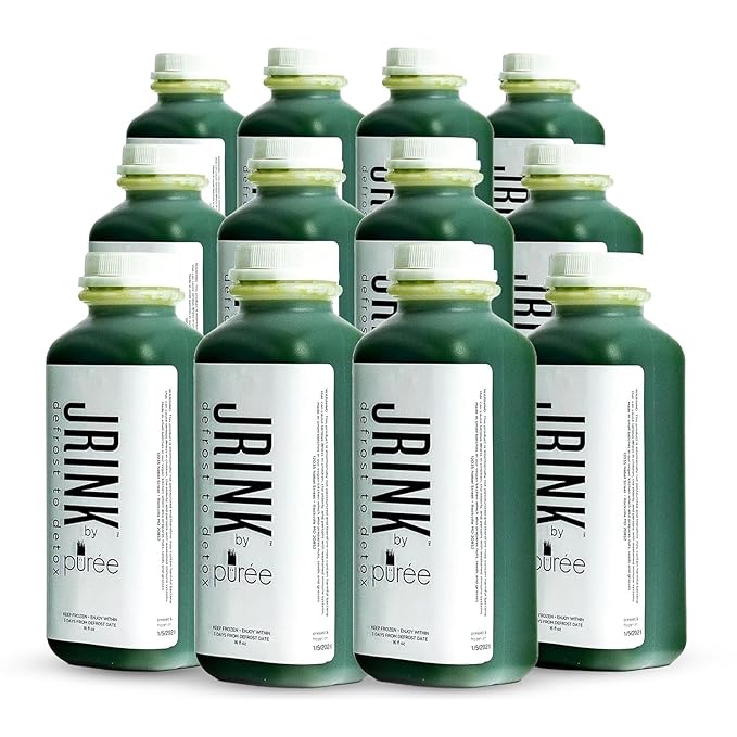 JRINK by Purée Daily Green Juice Cold Pressed Organic Fruit and Vegetable Blend Detox Cleanse Healthy Raw Greens Drink No Preservatives Juice Cleanse 16oz HDPE Bottles Pack of 12