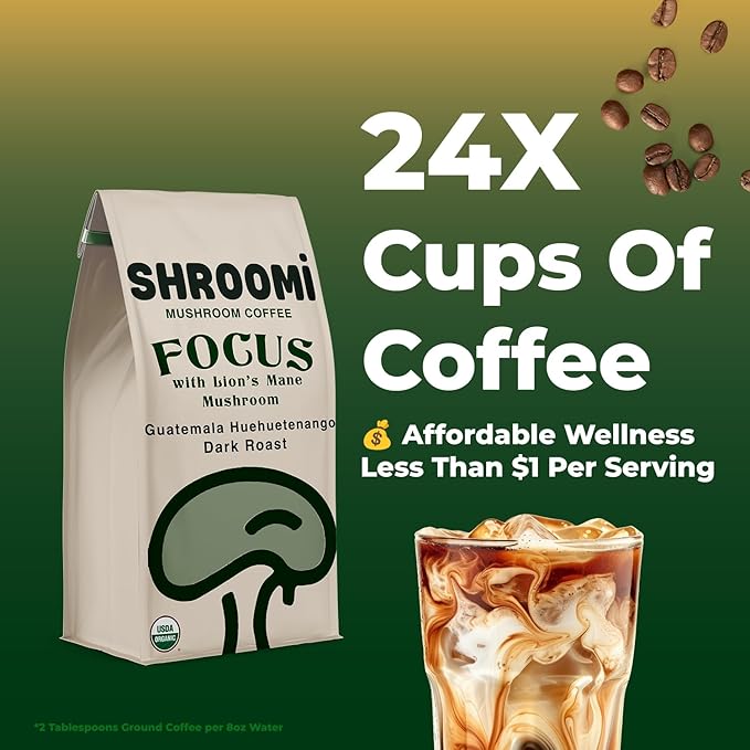 Shroomi Award-Winning Mushroom Focus Coffee - 16000mg Lions Mane Blend | Organic Brain Coffee Ground with Reishi and Chaga | Mental Clarity and Calm Energy | Dark Roast for Deep Focus | 10oz