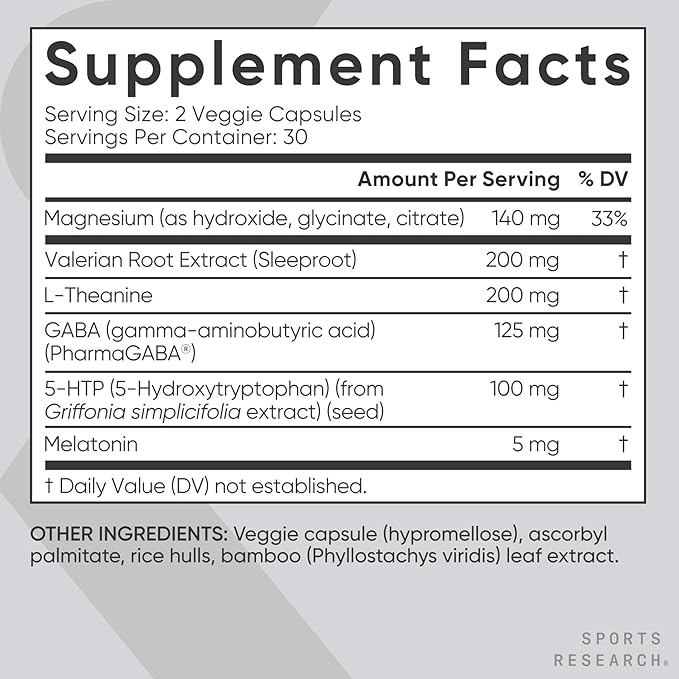 Sports Research® Sleep Complex with Melatonin 5mg L-Theanine 200mg &amp Magnesium - Supports Restorative Sleep &amp Relaxation - Vegan Certified · Non-GMO · Gluten Free - 60 Veggie Capsules