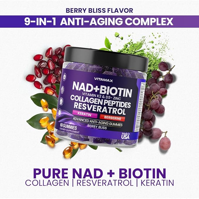 NAD+ Resveratrol Berberine &amp Biotin Anti-Aging Gummy - Hair Skin Nails &amp Joint Supplement - Collagen Peptides Keratin Zinc Vitamin K2 &amp D3 Gummies -Regeneration- Non-GMO - Made in