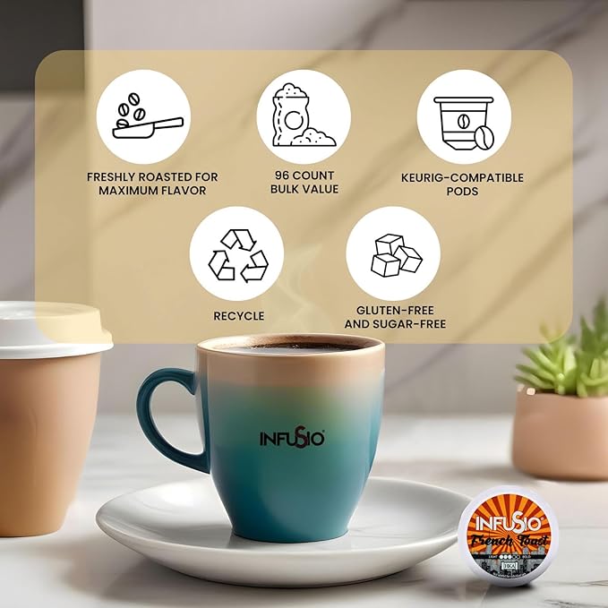 InfuSio Coffee Pods 96 Count French Toast Medium Roast Single Serve Coffee Pods for Keurig K Cups Brewers - InfuSio Premium Roasted Keurig 2.0 Compatible