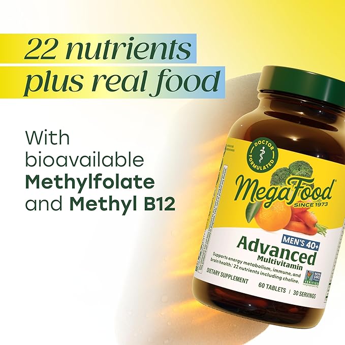 MegaFood Men's 40+ Advanced Multivitamin for Men - Dr-Formulated - Choline Vitamin B Vitamin C Vitamin D Zinc &amp Real Food - Brain Health Immune Support - Vegetarian - 60 Tabs (30 Servings)