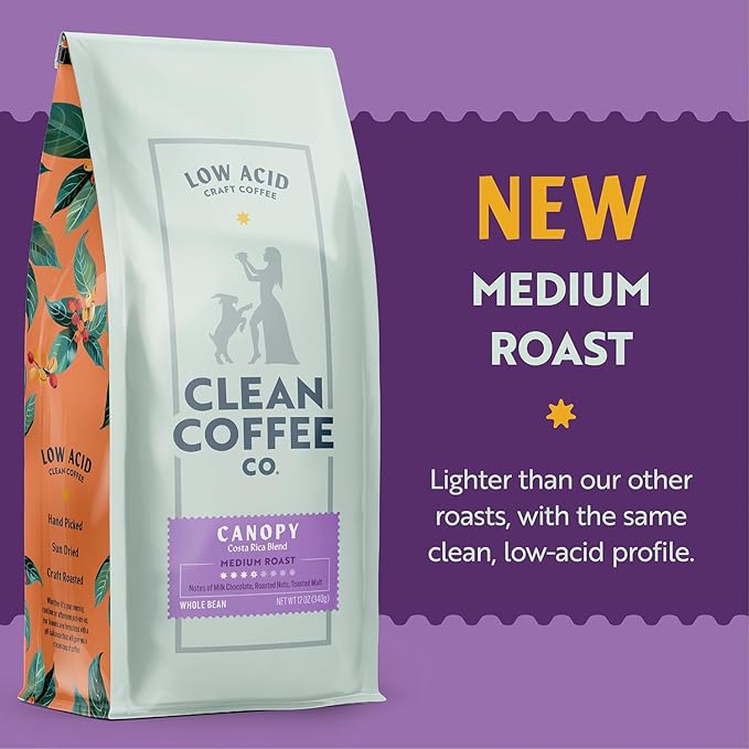 Clean Coffee Co. - Low Acid Medium Roast Tested for Molds and Toxins Costa Rica Blend Notes of Milk Chocolate Roasted Nuts Toasted Malt (Whole Bean 12 oz Bag)