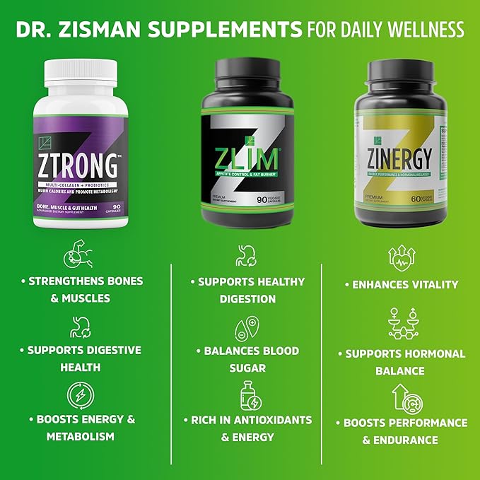 Dr. Zisman ZTRONG Advanced Collagen Supplement – Hydrolyzed Collagen Types I &amp III 400 Billion CFU Probiotic Blend Supports Bone Health Joint Function Metabolic Efficiency – 90 Capsules