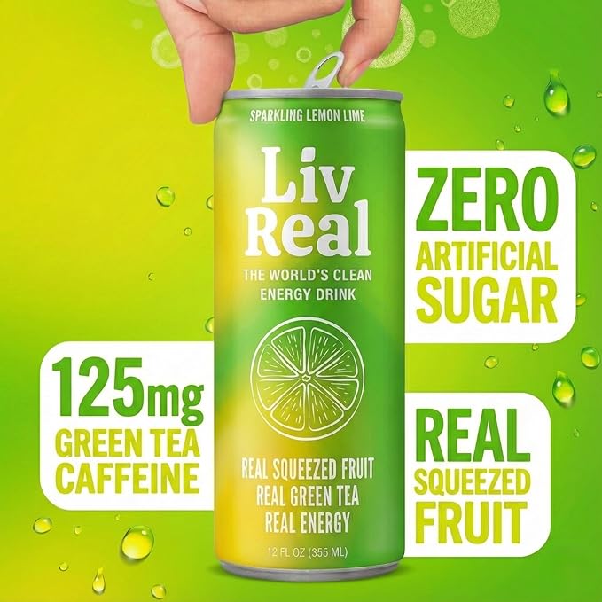 LivReal Clean Energy Drink – Organic Green Tea Caffeine 125mg + L-Theanine 100mg – Real Fruit No Sweeteners or Flavorings – Vitamin C &amp B Complex – Sparkling Lemon Lime Water 12 Pack 12 fl oz