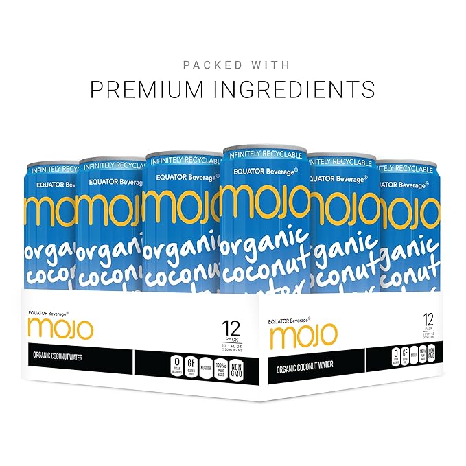 MOJO Organic Coconut Water | Hydration &amp Sports | Electrolytes 1043 mg | Vitamin B &amp C | Super Hydration for Skin &amp Body | 11.1 Oz (Pack Of 12)