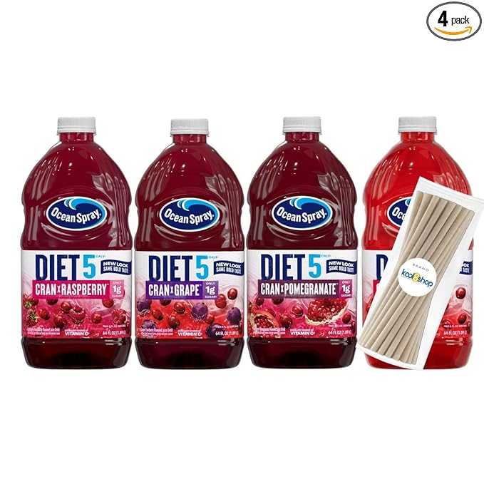 Ocean Spray Diet Variety Pack Juice Drink 64 fl oz Plastic Bottle 4 Pack + 15 Sugarcane Disposable Straws by KOOL8SHOP Infinite Deals