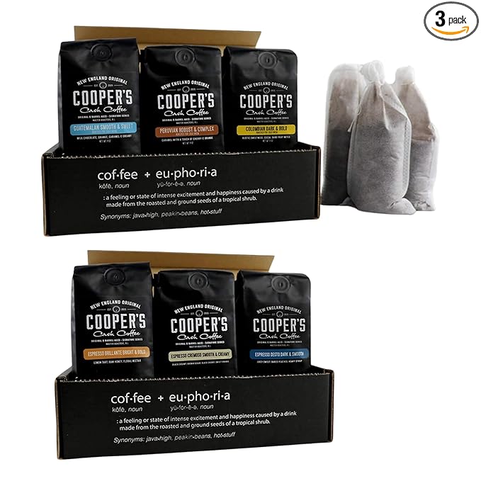 Espresso Coffee Box Set - Ground 3 Bag Gift or Sample Set 24oz and Cold Brew Coffee Box Set - 6 Filter Bags Included - Ground 1.5 lbs