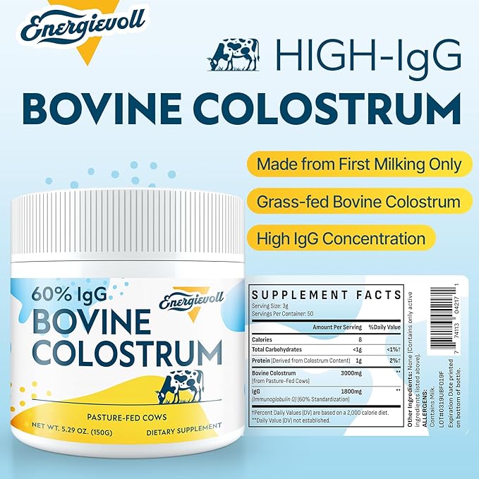 Bovine Colostrum Supplement Powder - 60% IgG 3000 mg for Gut Hair Growth Beauty and Immune Easy to Mix Unflavored (50 Servings)