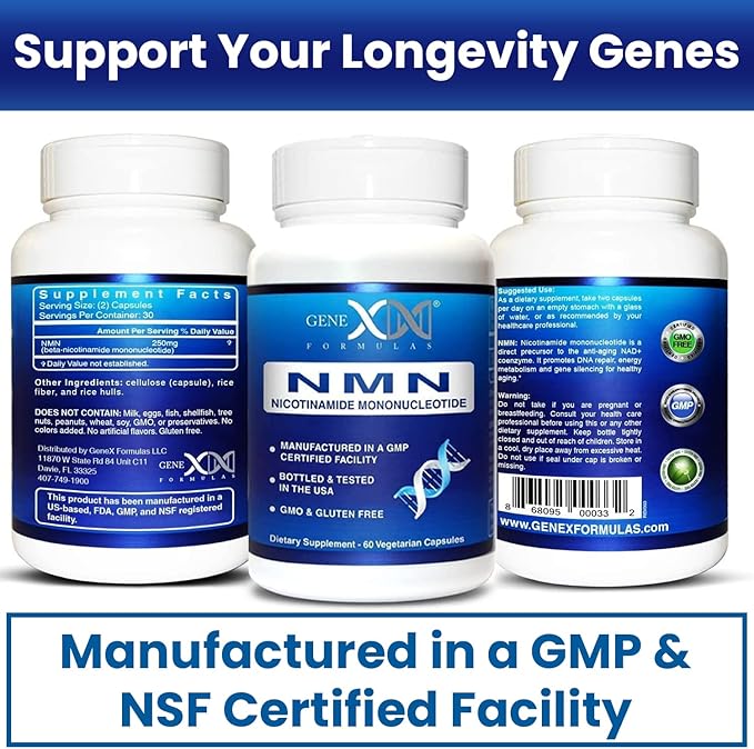 Genex Formulas NMN Supplement 250mg (3 Pack) - 99% Pure Shelf Stabilized Capsules for Increasing NAD Levels DNA Repair &amp Healthy Aging GMP Certified 90 Day Supply