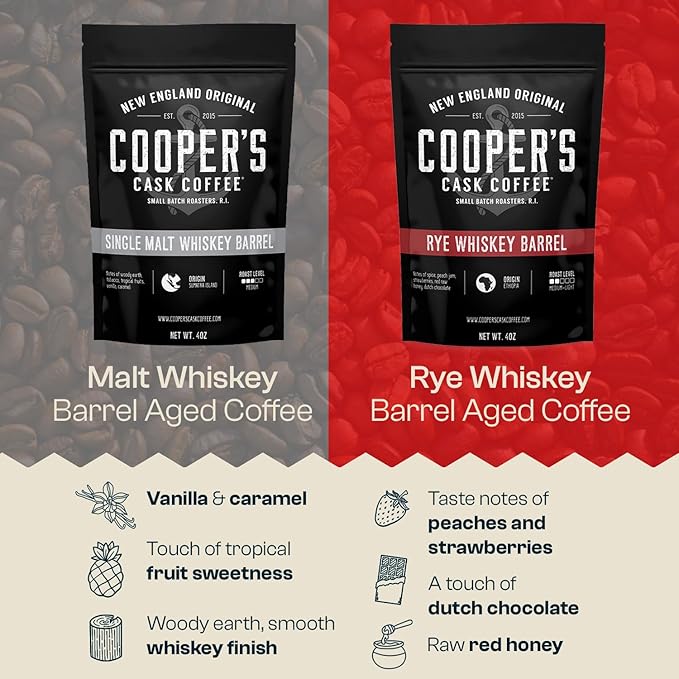 Bourbon Barrel Aged Coffee Ground Set Single Origin Sumatra Whiskey Ethiopian Rye Rwanda Rum Roasted Coffee Beans (Ground 4 Ounce (Pack of 3))