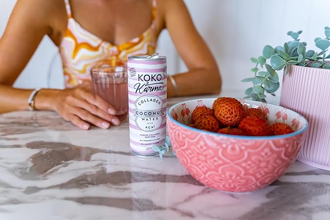 Koko &amp Karma - Collagen Coconut Water with Acai - Marine Collagen Peptides with No Preservatives and No Added Sugar - 12 Pack - 16.9 Ounce Cans