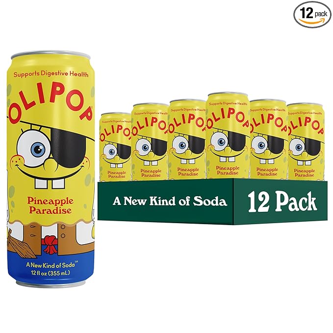 OLIPOP Prebiotic Soda Pop SpongeBob Pineapple Paradise Pantry Pack Packed with Prebiotics Fiber and Botanicals Gluten Free GMO Free 12oz Skinny Can (12-Cans)