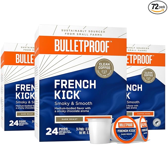 Bulletproof French Kick Dark Roast Single Serve Pods 72 Count 100% Arabica Coffee Clean Coffee Tested for Toxins Packaging May Vary