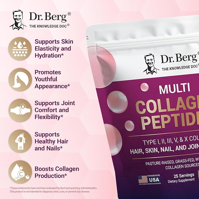 Dr. Berg Multi Collagen Peptides Powder Types I II III V X - Unflavored Collagen Powder w/ 14 g of Protein - Grass-Fed Pasture-Raised &amp Wild-Caught Collagen Sources - 25 Servings