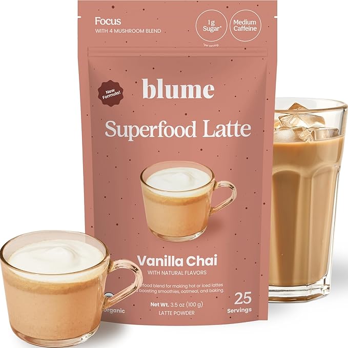 Blume Superfoods Latte - Vanilla Chai Blend with Black Tea Cardamon Cinnamon Low-Caffeine Low-Sugar Organic Keto Friendly Vegan Mushroom Blend- 25 Servings
