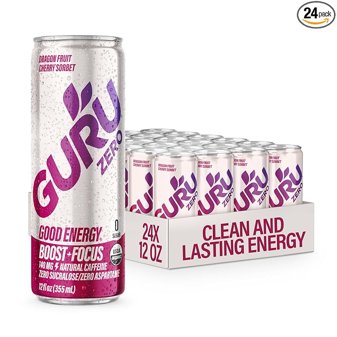 GURU ZERO SUGAR Dragon Fruit Cherry Sorbet Organic Energy Drink with Plant Based Natural Caffeine from Green Tea Coconut Water Prebiotic Zero Added Sugars Gluten Free &amp Vegan Pre Workout 140