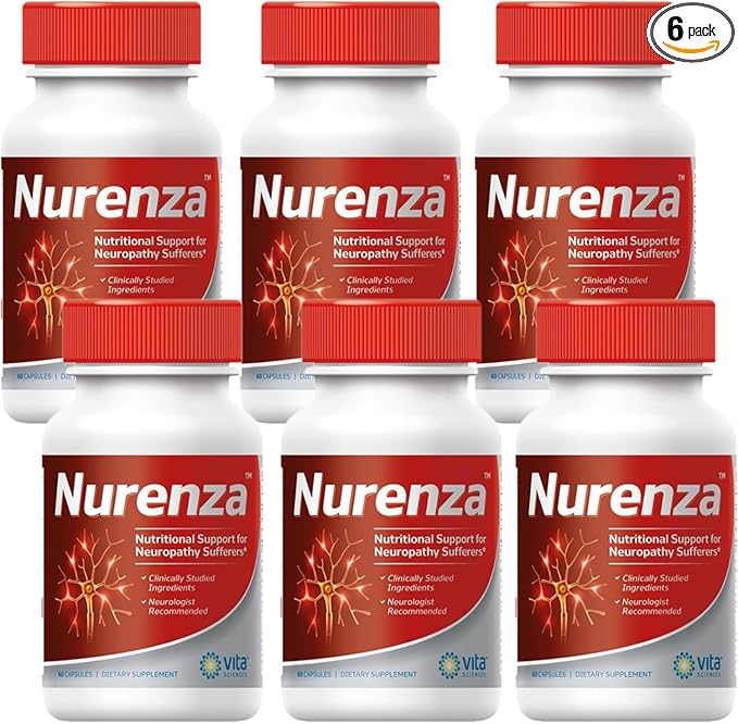 Vita Sciences Nurenza Neuropathy Relief Supplement 40x Strength Natural R-ALA Form for Nerve Health Fast Repair w/ Vitamins Antioxidants Revitalizing Feet Hands Legs and Toes. 60 Ct. - Pack of 6