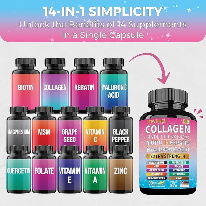 Collagen Supplement - Type I II III V and X - with Biotin Keratin Hyaluronic Acid &amp 13+ Extra Strength Ingredients - （180 Capsules）