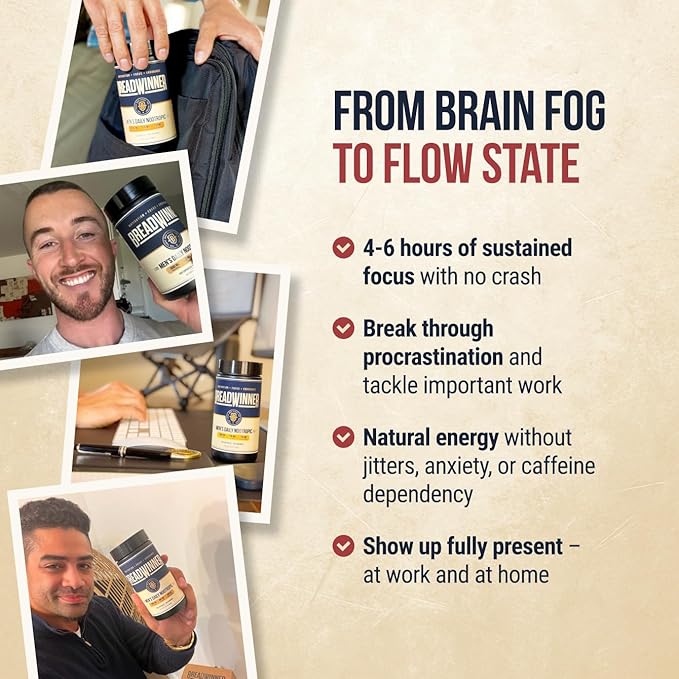 BREADWINNER Supplement - Dopamine &amp Acetylcholine Support - Citicoline L Tyrosine ALCAR Lions Mane L Theanine for Focus &amp Motivation - Cortisol Reducer with Rhodiola Rosea &amp Phosphatid