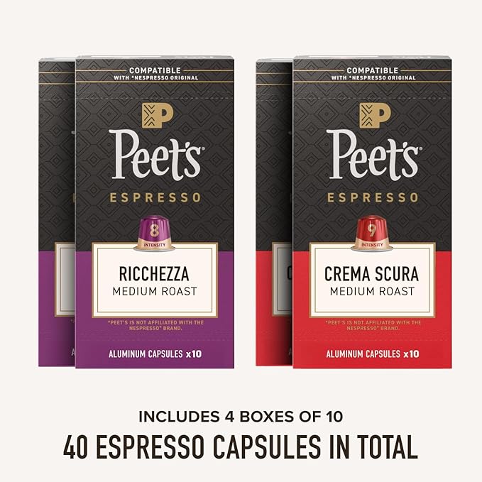 Peet's Coffee Medium Roast Espresso Capsules Variety Pack Compatible with Nespresso Original Machine 100% Arabica Coffee - Intensity 8-9 40 Count (4 Boxes of 10 Espresso Capsules)