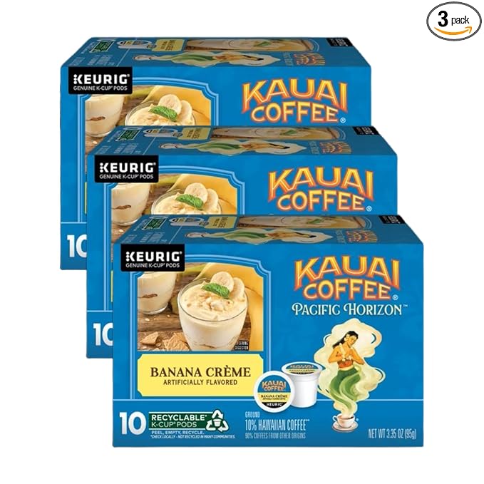 Kauai Coffee K-Cup Pods for Keurig Brewers – Arabica Coffee 10% Hawaiian – Medium Roast Banana Flavor with Creamy Vanilla – Banana Crème (Pack of 3)