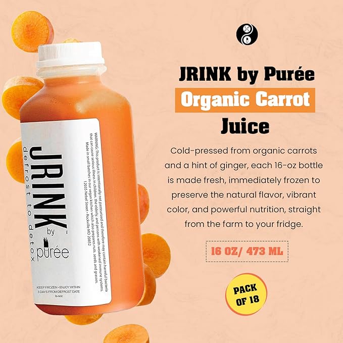 JRINK by Purée Organic Carrot Juice Cold Pressed Ginger Blend Healthy Cleanse Vegan Cold Press Beverage Non-GMO Organic Fruit and Vegetable Drink No Added Sugar 16 fl oz Bottles Pack of 18