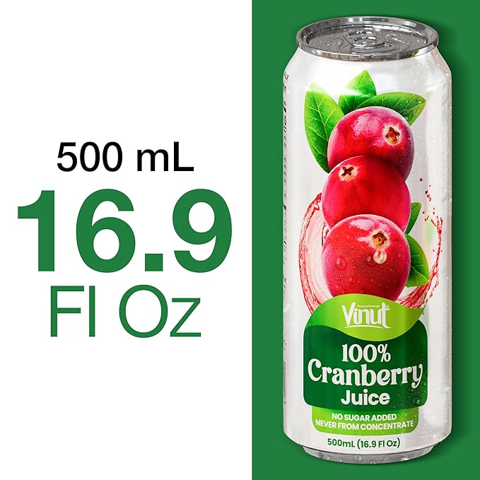 VINUT 100% Cranberry Juice No Added Sugar Not From Concentrate 16.9 fl oz (500 mL) Can Pack of 12