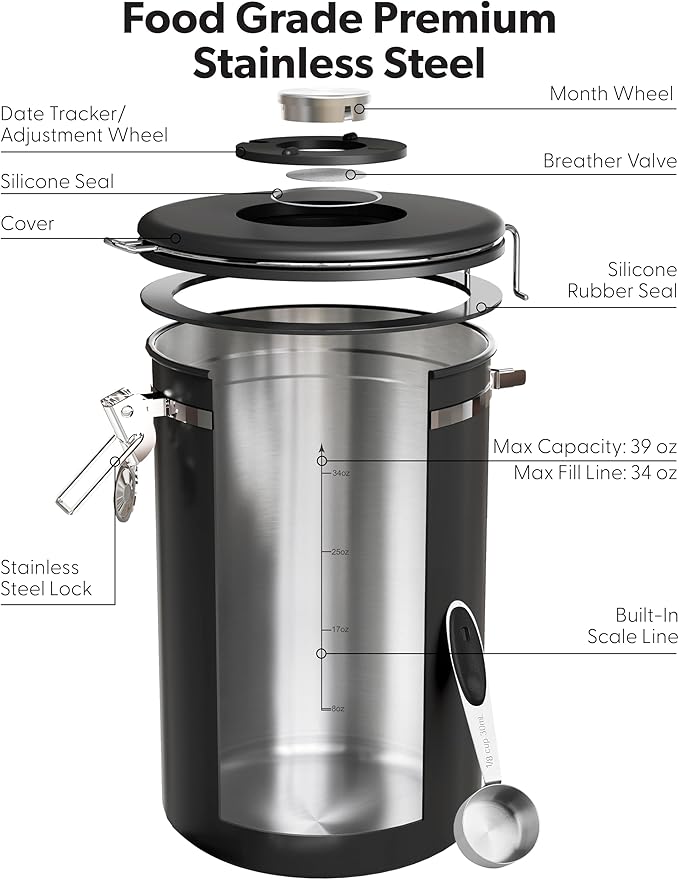 Veken Large Coffee Canister with Window Kitchen Food Storage Airtight Stainless Steel Container for 2.2lbs Coffee Beans Grounds RiceTea Flour Cereal Sugar JarsDate Tracker and Scoop 39ozBlack