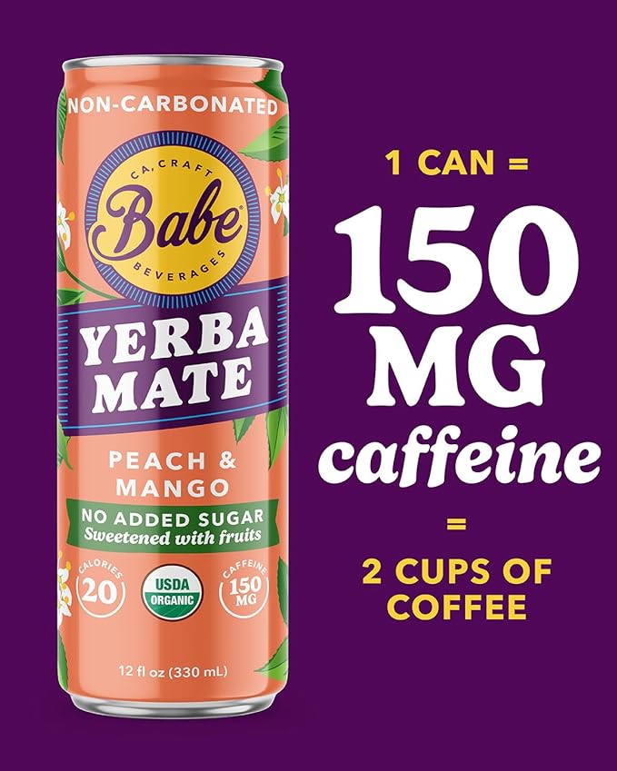 Babe Organic Yerba Mate Energy Drinks | 150mg Plant-Based Caffeine | Natural Yerba Mate Tea with No Crash No Jitters - Peach &amp Mango Zero Sugar (12 x 12oz Cans)