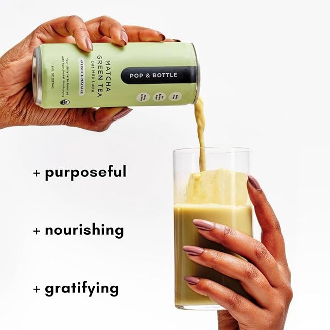 Pop &amp Bottle Oat Milk Lattes - Matcha with Reishi and Maitake Mushrooms Green Tea Latte MCT Oil Organic Dairy Free Gluten Free Lightly Sweetened with Dates - Matcha 8 Fl Oz (12 Pack)