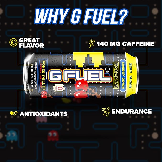G Fuel Energy Drink Cherry Lollipop Sugar Free Beverage with 140mg Caffeine Daily Energy Boost with Focus Amino Vitamin + Antioxidants 16 oz Cans (Pac-Man Power Pellet 12-Pack)