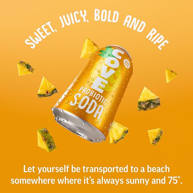 Cove Prebiotic Soda Soft Drinks with Zero Sugar - Refreshing Healthy Soda Alternative with 4g of Fiber for Digestive Support - Natural Caffeine Free Sparkling Beverage - Pineapple 12 Pack