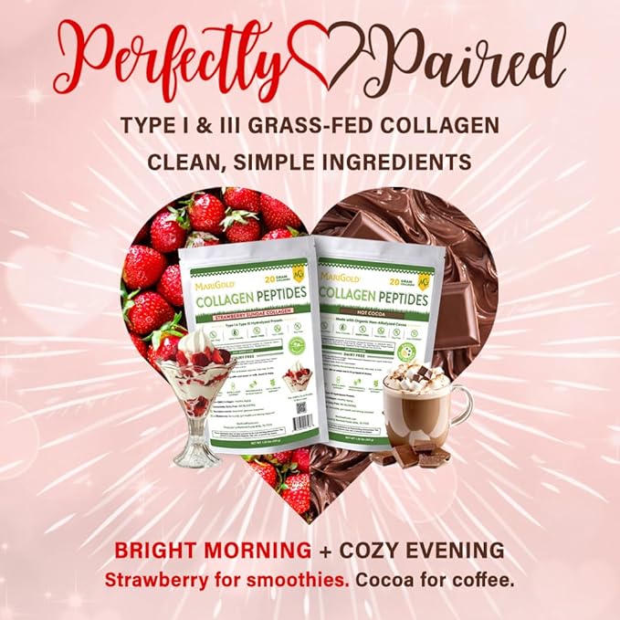 MariGold Hot Cocoa and Strawberry Sundae Collagen Bundle Grass-fed Type I &amp III Collagen Peptides