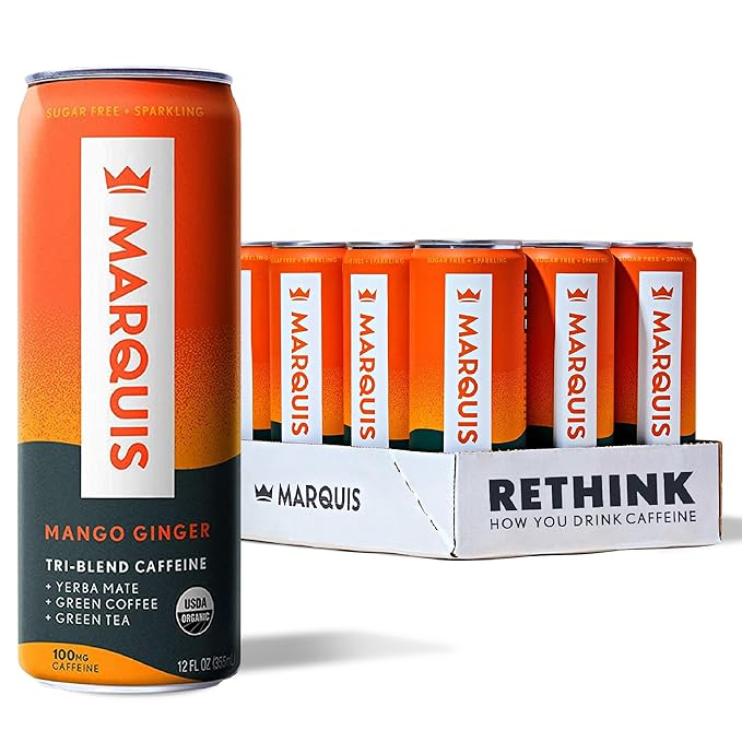 Marquis Natural Energy Drinks Sugar Free Zero Calories 100mg Organic Plant Based Caffeine Yerba Mate Green Tea &amp Green Coffee - Vitamin C &amp Bs - Mango Ginger Healthy Energy Drink - 12oz Cans