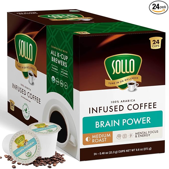 SOLLO Brain Power Medium Roast Coffee Pods with MCT Acai &amp Vitamins - Improves Memory &amp Focus Compatible with 2.0 K-Cup Keurig Brewers 24 Ct