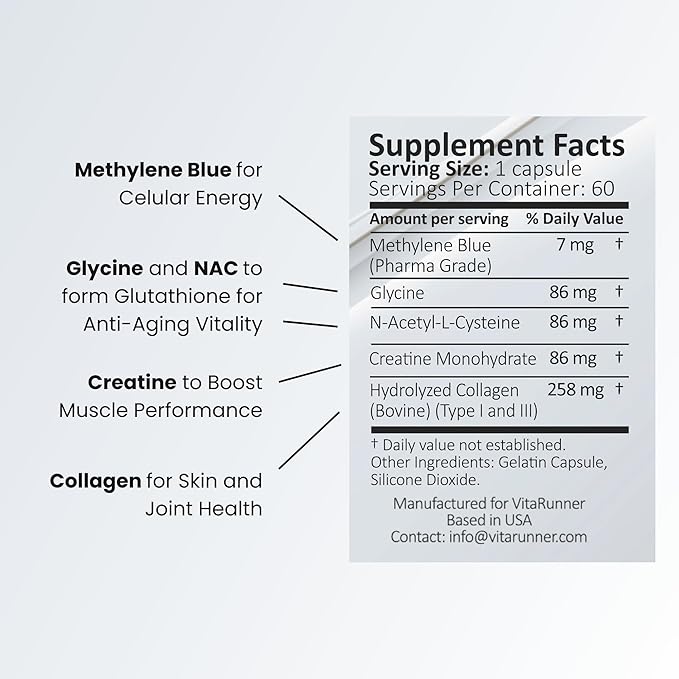 Methylene Blue Capsules with Added Glycine + NAC (GlyNAC) Collagen and Creatine - Trusted Made in America - 7mg (USP Grade) - Third Party Tested (60ct)