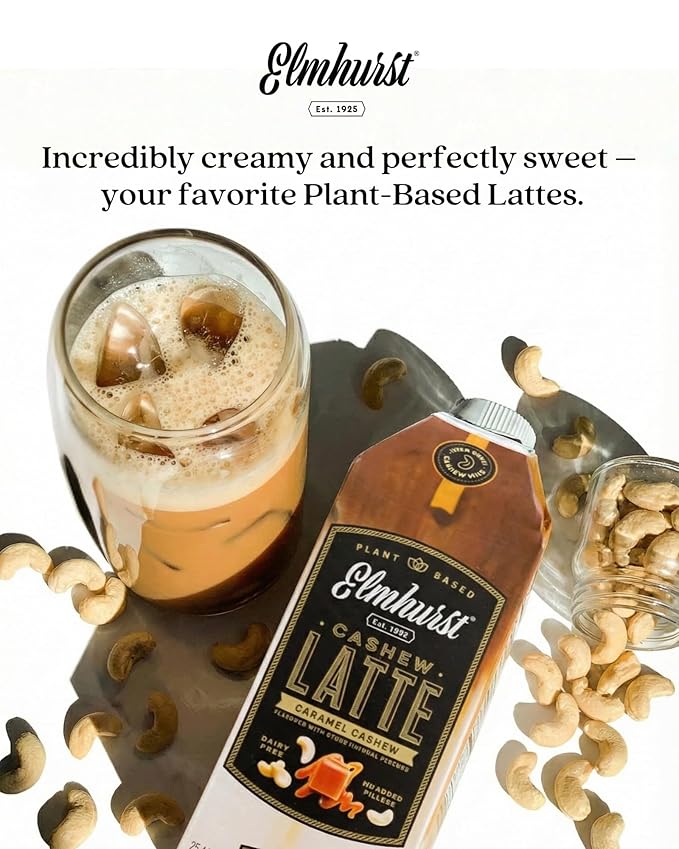 Elmhurst 1925 Caramel Cashew Latte – Plant-Based Vegan Dairy-Free Plant Milk Latte Made of Cashew Milk Cold Brew Premium Arabica with 95mg Caffeine &amp Sweet Caramel Notes – 25.4oz (Pack of 6)