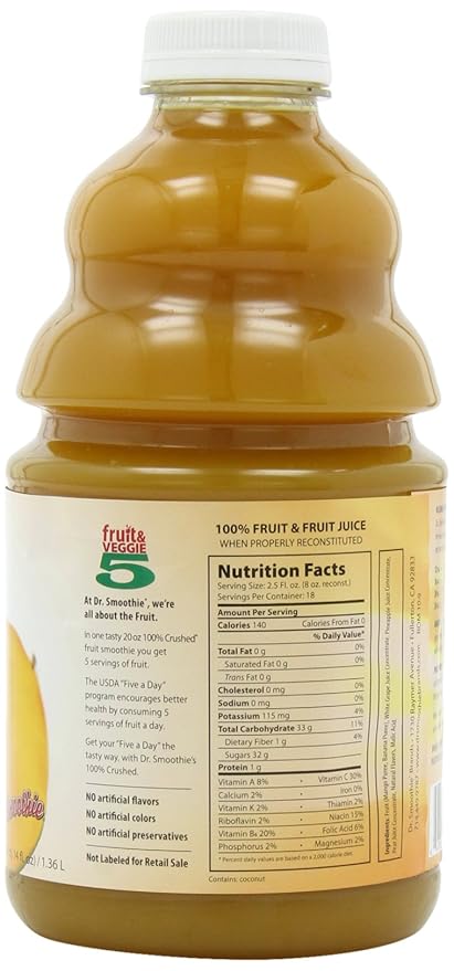 Dr. Smoothie 100% Crushed Fruit Smoothie Mango Tropics 46-Ounce Bottles (Pack of 2)