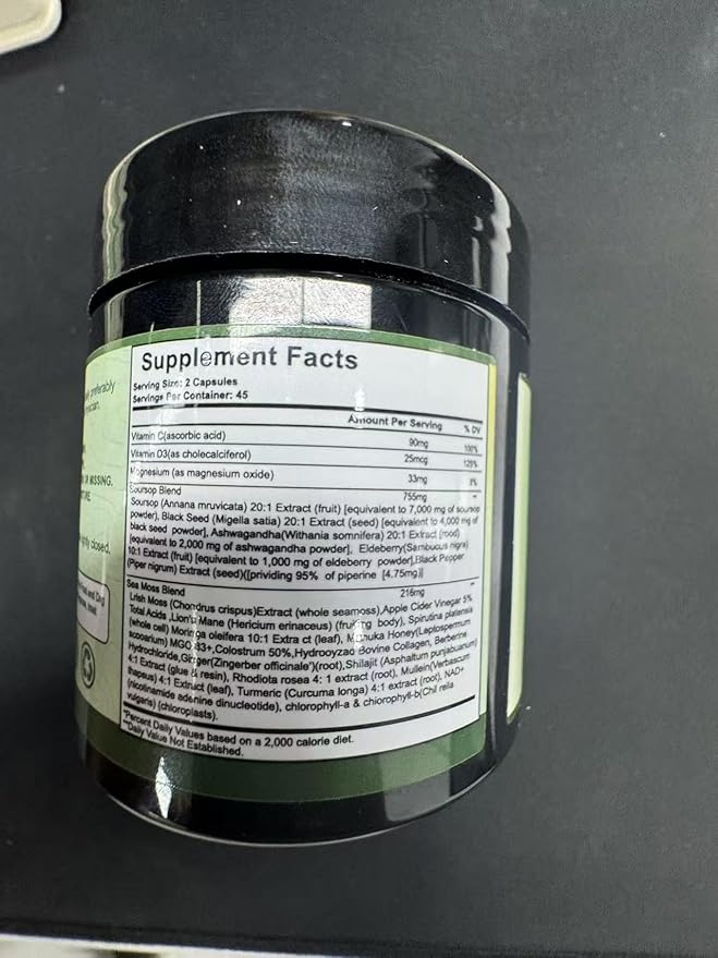 Soursop Capsules - 24 in 1 Graviola Soursop Capsules with Shilajit Sea Moss Lions Mane Turmeric Ashwagandha Vegan Ginger &amp Manuka Honey and More Non-GMO 90capsules