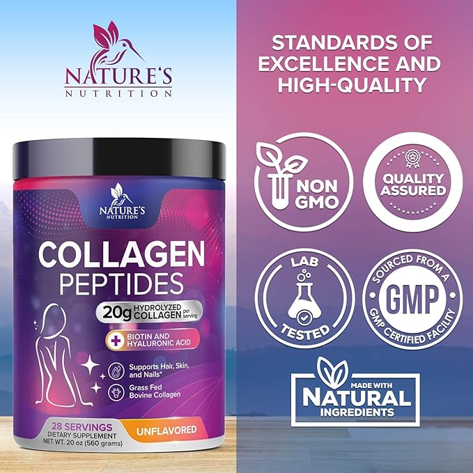 Collagen Peptides Powder - Hydrolyzed Type 1 &amp 3 Collagen Powder 20g per Serving with Hyaluronic Acid &amp Biotin - Vital Nails Skin &amp Joint Support - No Sugar Unflavored Bottled in USA -