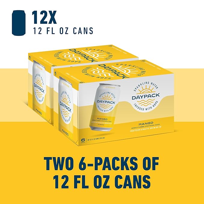 Athletic Brewing Company Daypack Sparkling Water Infused With Hops Gluten Free &amp Vegan Soda Water Zero Calorie Natural Flavors Mango 12 Pack 12 FL Oz Cans