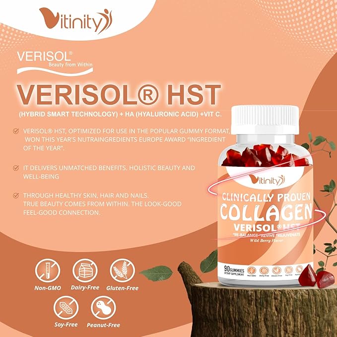 VITINITY VERISOL® HST+HA+VIT C Collagen Hard Chewy Gummies Clinically Proven Beauty.FirmerSmoother SkinFewer WrinklesReduced Cellulite.True Beauty from Within.The Look-Good Feel-Good -30 Day Supply