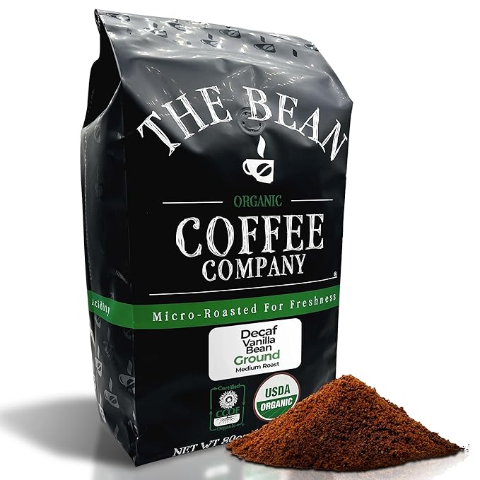 The Bean Organic Coffee Company Water Processed DECAF Vanilla Bean Medium Roast Ground Coffee 5-Pound Bag Café Molido Tostado Orgánico descafeinado