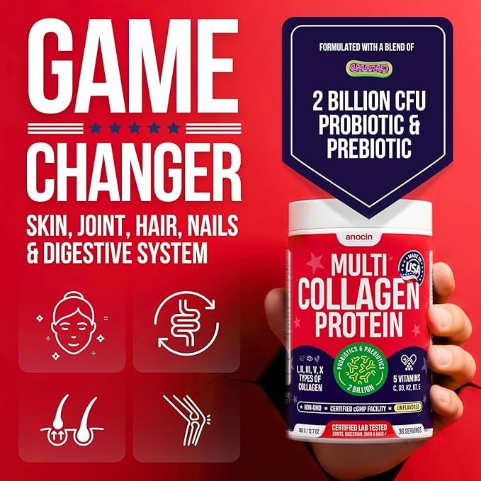Multi Collagen Peptides w/Prebiotic + Probiotics + Type I II III V X + Hydrolyzed Collagen Powder w/Vitamin C+D3+B7+K2+E Hyaluronic Acid Supports Skin Hair Nail Joint Grass-Fed Non-GMO